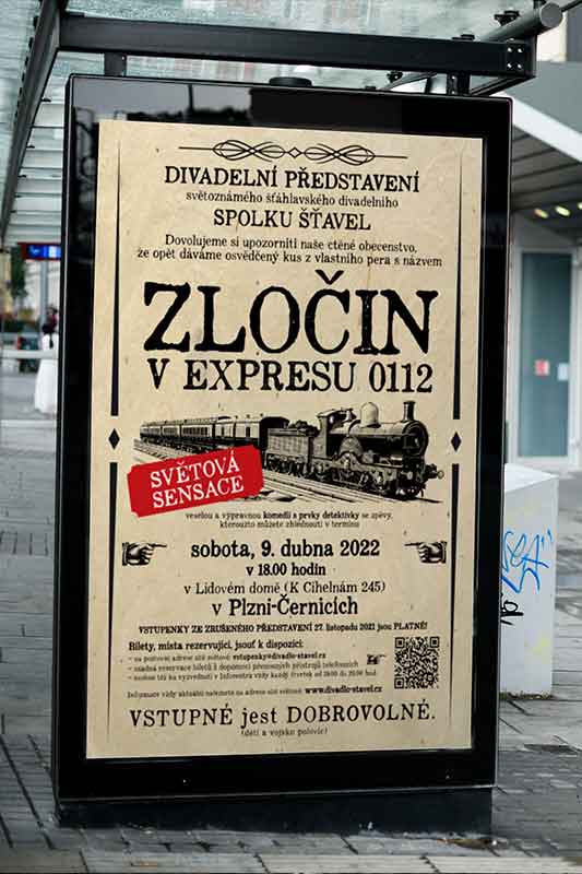Zločin v expresu 0112 poster | Divadlo Šťavel Plakát k představení divadla Šťavel